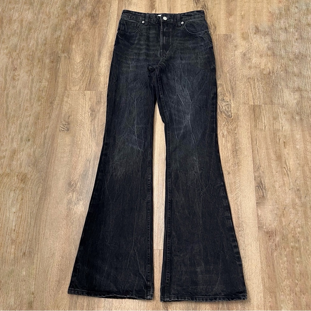 Zara Women's High Rise Flare 5 Pocket Jeans In Black Washed Size 4